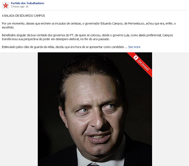 Texto com crticas ao governador de Pernambuco, Eduardo Campos (PSB),  publicado na pgina do PT nacional no Facebook
