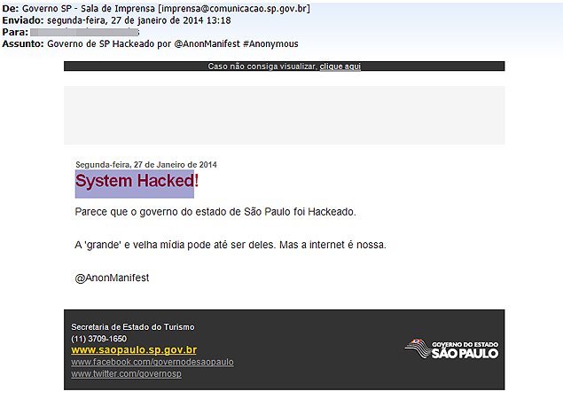E-mail do governo do Estado de So Paulo, afirmando que ele foi hackeado