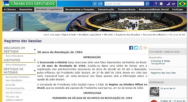 Site da Cmara dos Deputados trata golpe de 64 como revoluo