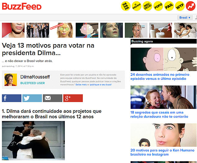Lista publicada pelo perfil oficial de Dilma Rousseff no site 'BuzzFeed'