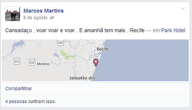 Um dos pilotos do avio de Eduardo Campos reclama de cansao e excesso de trabalho no Facebook. Marcos Martins