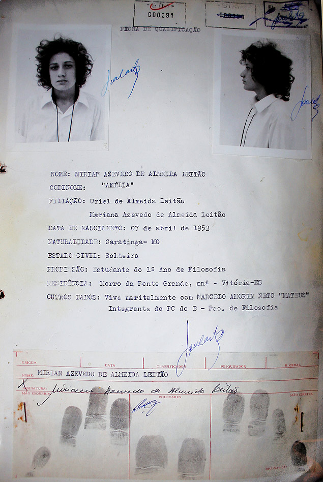 Ficha da jornalista Miriam Leito, presa em Vitria (ES), no final de 1972