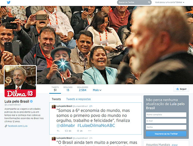 Pgina do ex-presidente Lula no Twitter, inaugurada nesta tera-feira 