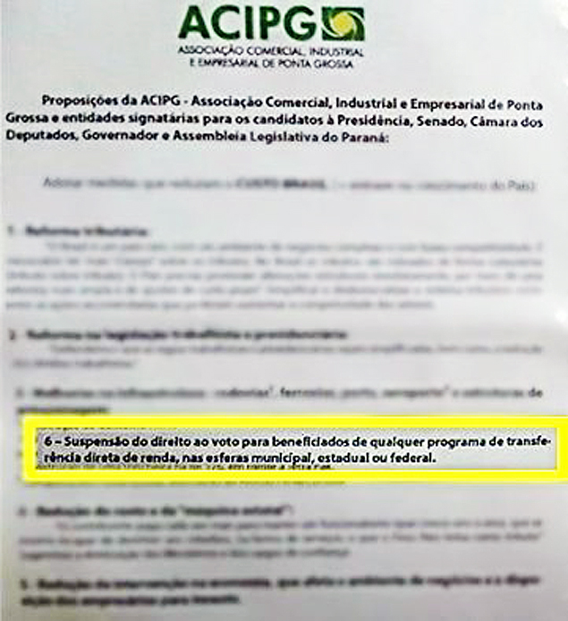 Cartilha da ACI de Ponta Grossa que prope a suspenso do direito ao voto de beneficiados de programas de distribuio de renda