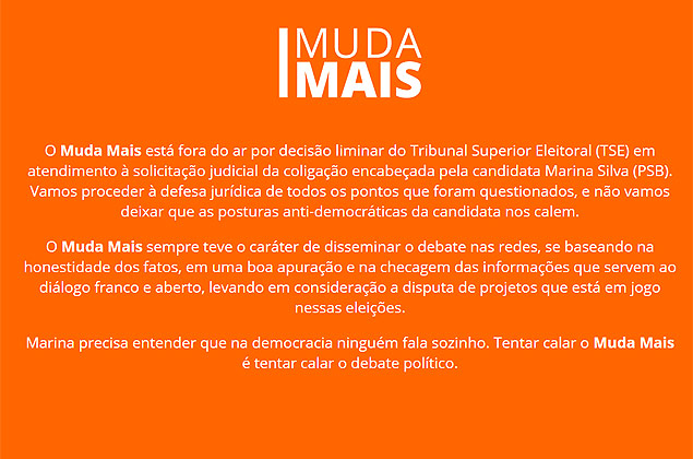 Mensagem publicada no site "Muda Mais", ligado  campanha de Dilma, aps liminar determinar que a pgina fosse retirada do ar