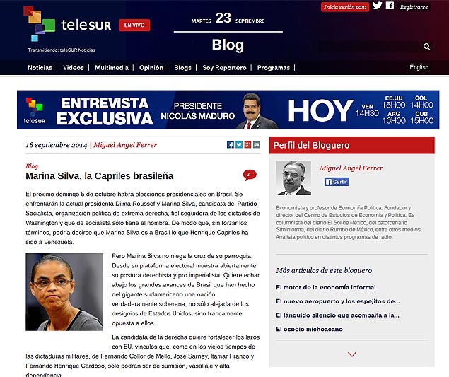 Site criado por Hugo Chvez chama Marina de "Capriles brasileira" 