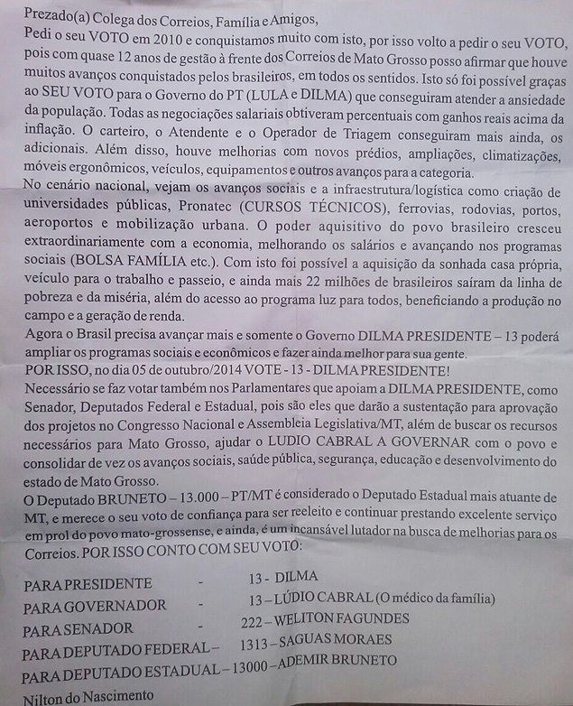 Em carta, chefe dos Correios em Mato Grosso pede voto a Dilma