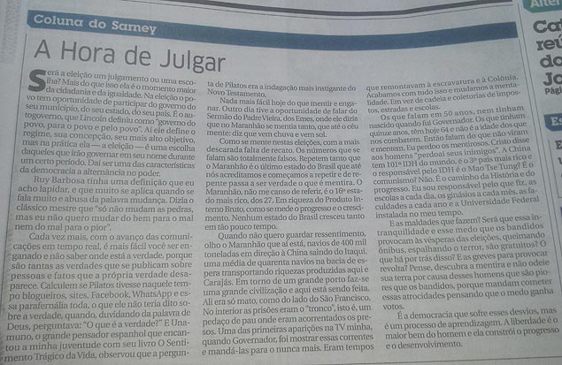 Coluna de Jos Sarney no jornal "O Estado do Maranho" na qual atacou Flvio Dino em 2014