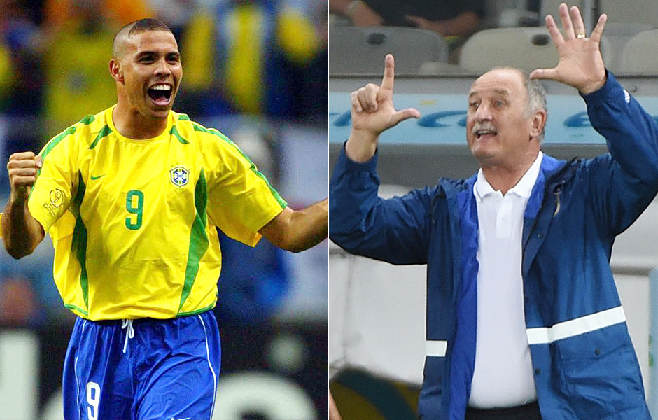 À esquerda, em 2002, Ronaldo comemora gol em jogo contra a Turquia; à direta, o técnico Felipe Scolari durante a partida contra a Alemanha, neste ano, quando o Brasil perdeu de 7 x 0