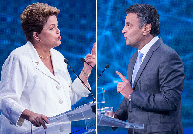 Dilma Rousseff e Acio Neves durante o debate da TV Bandeirantes