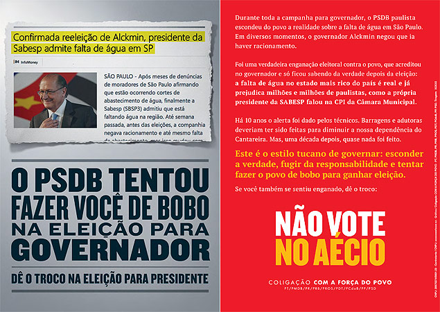 Panfleto no vote no Acio. Confirmada a reeleio de Alckmin, presidente da Sabesp adimite falta de gua em So Paulo