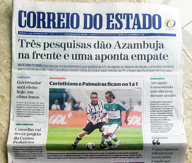 Reprodução da edição deste domingo (26) do jornal &#147;Correio do Estado&#148;, principal veículo impresso de Mato Grosso do Sul