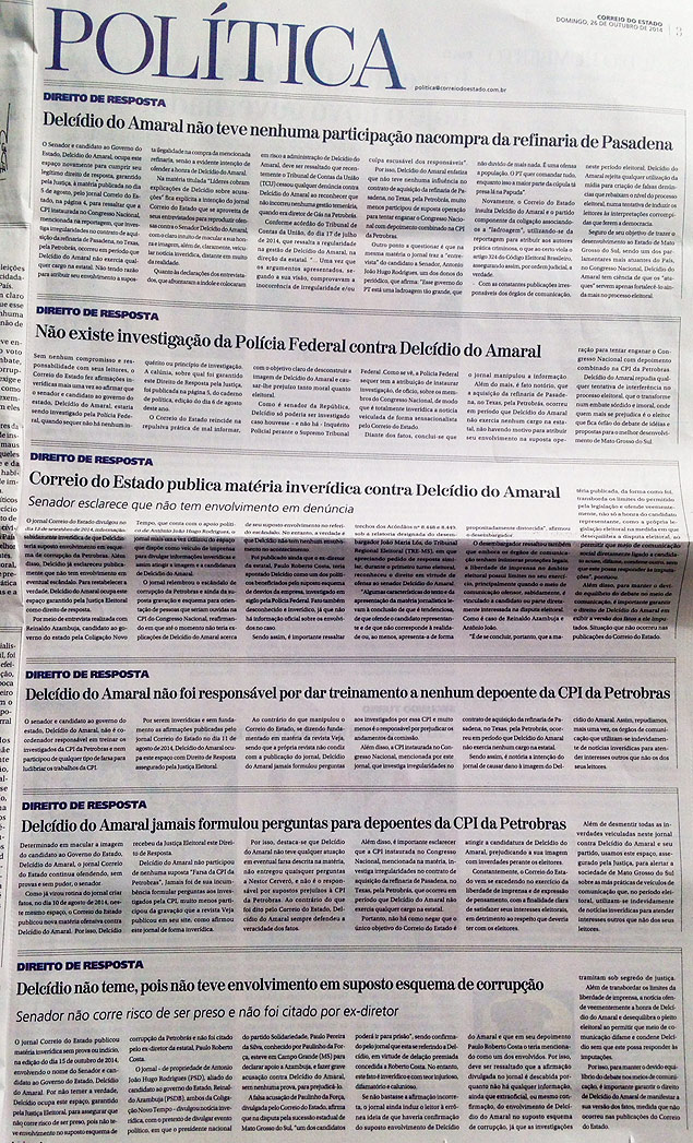Reprodução da edição deste domingo (26) do jornal &#147;Correio do Estado&#148;, principal veículo impresso de Mato Grosso do Sul