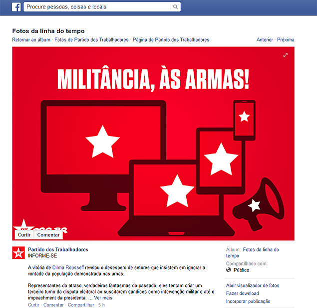 PT convoca militantes pelo Facebook para combater manifestaes contra Dilma 