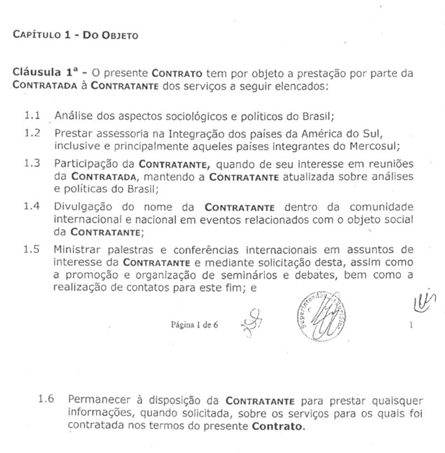  Trecho do contrato firmado entre a Camargo Corrêa e empresa do ex-ministro José Dirceu