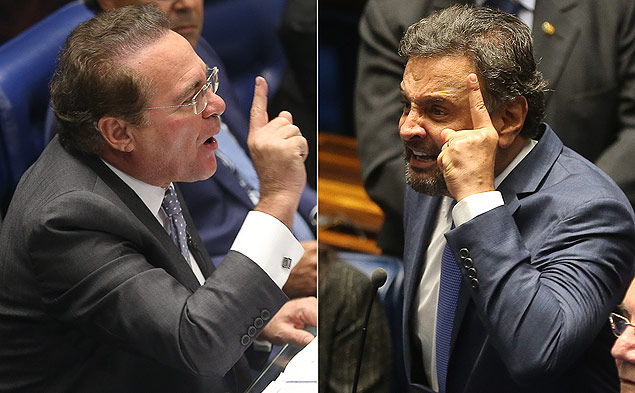 Com dedos em riste, Aécio Neves (PSDB-MG) e Renan Calheiros (PMDB-AL) discutem no Senado