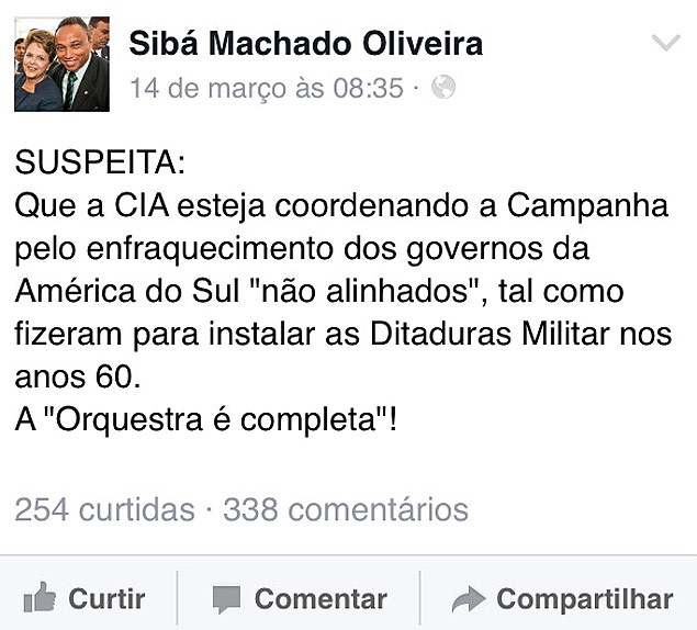 Postagem do deputado Sibá Machado (PT-AC) no Facebook