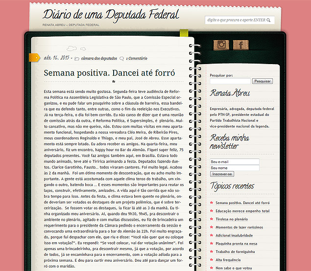 Detalhe do blog "Dirio de uma deputada federal", de Renata Abreu (PTN-SP)