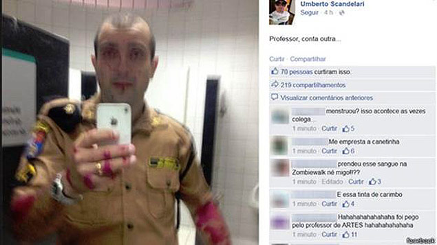 Policial militar do Paran posta 'selfie' em que est coberto com um produto avermelhado
