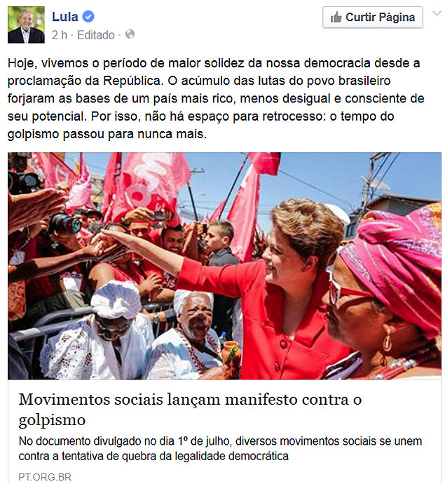 Publicao do ex-presidente Lula em rede social