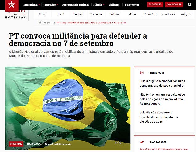 Sugestão de foi retirada de texto; no site, diretório pede que militância leve bandeira do Brasil e do partido