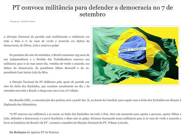 Site do PT da Bahia reproduz pedido do diretório nacional do partido e pede que militância vá às ruas de verde e amarelo