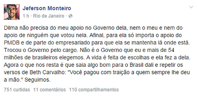 Post de Jefferson Monteiro, criador de 'Dilma Bolada', critica o governo 