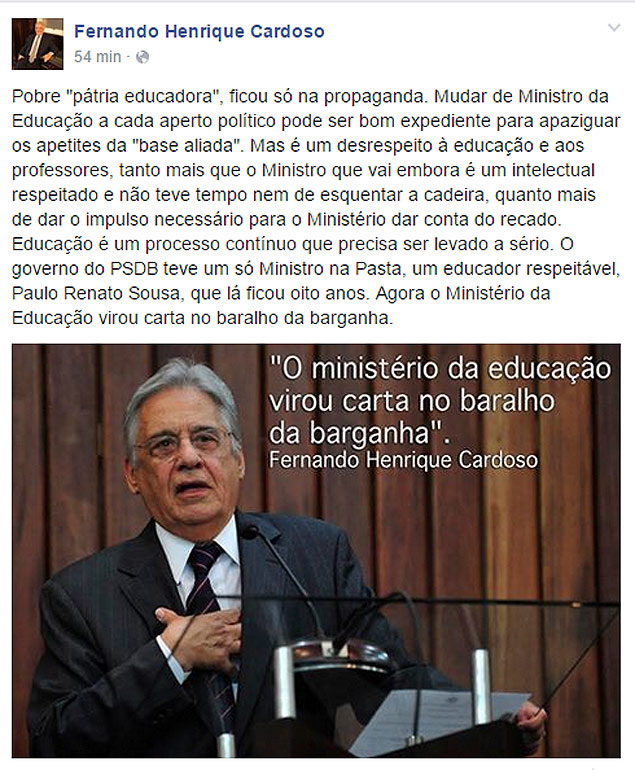 Postagem na qual o ex-presidente Fernando Henrique Cardoso critica trocas constantes no MEC