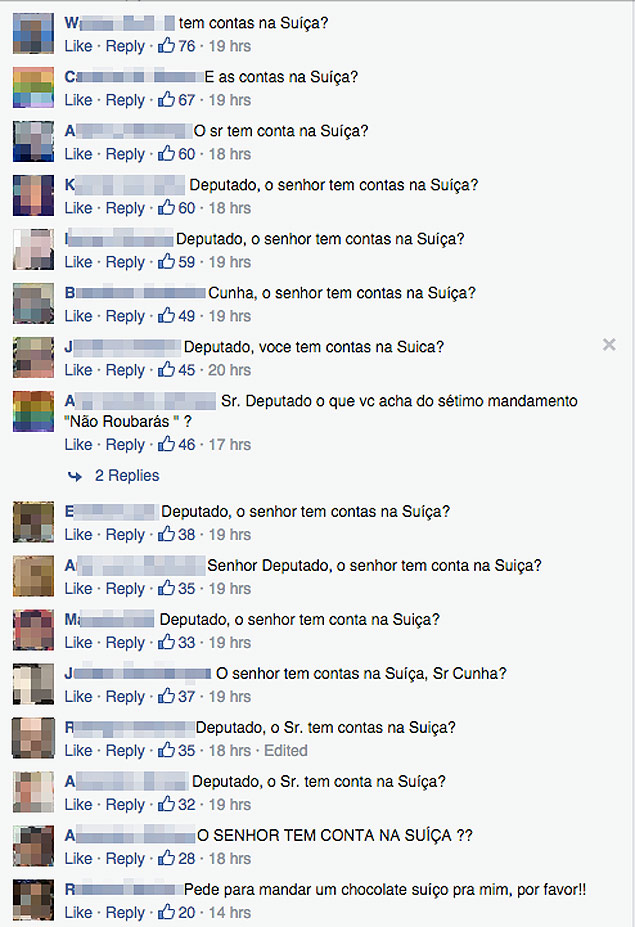Internautas perguntam se Cunha tem contas na Sua em sua pgina do Facebook