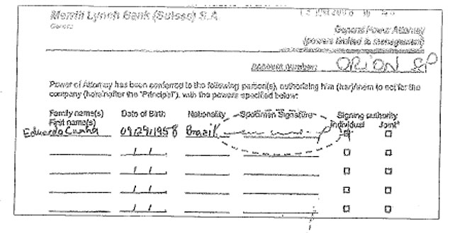 Documento da abertura da conta Orion SP com o nome e a assinatura de Eduardo Cunha