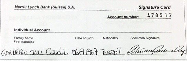 Assinatura de Claudia Cruz, mulher de cunha, em ficha de abertura de conta
