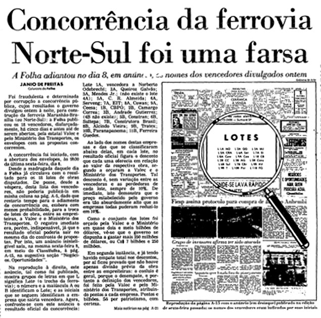 Fac-smile de edio da Folha de 13 de maio de 1987 traz reportagem sobre a ferrovia Norte-Sul