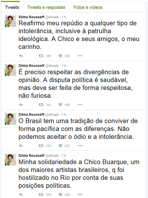 Dilma Rousseff comenta no Twitter discusso de Chico Buarque com anti-petistas