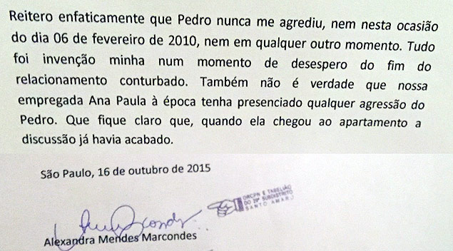 Documento assinado por Alexandra Marcondes sobre agresso do ex-marido Pedro Paulo (PMDB)