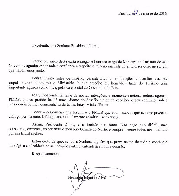Fac-smile de carta de demisso do ministro do Turismo Henrique Eduardo Alves, do PMDBReproduo