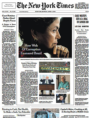 'The New York Times' destaca crise política e econômica brasileira na primeira página e diz que ambição global do país foi devastada