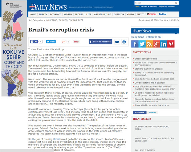 Coluna de opinio sobre a "crise de corrupo" no Brasil no site do jornal turco "Hurriyet"