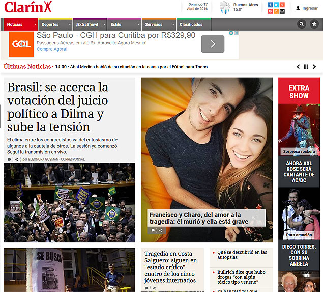 Homepage do "Clarn" destacava a votao na Cmara dos Deputados