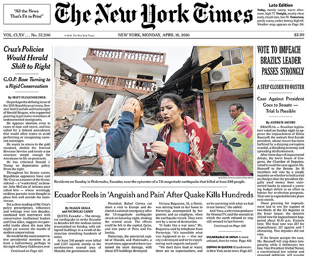 Capa do New York Times fala do processo de impeachment da presidente Dilma Rousseff