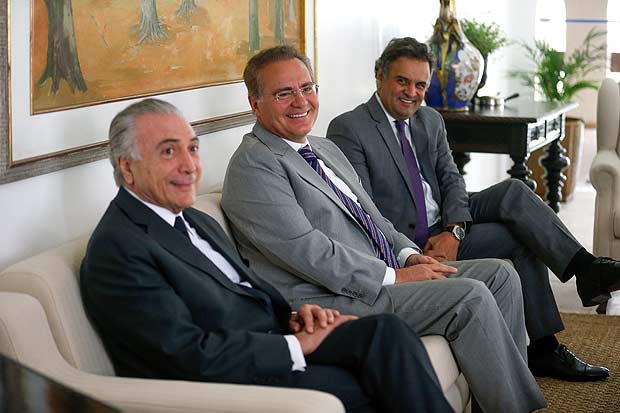 Michel Temer se rene com o presidente do Senado, Renan Calheiros (PMDB-AL), e o presidente do PSDB, Acio Neves (MG)