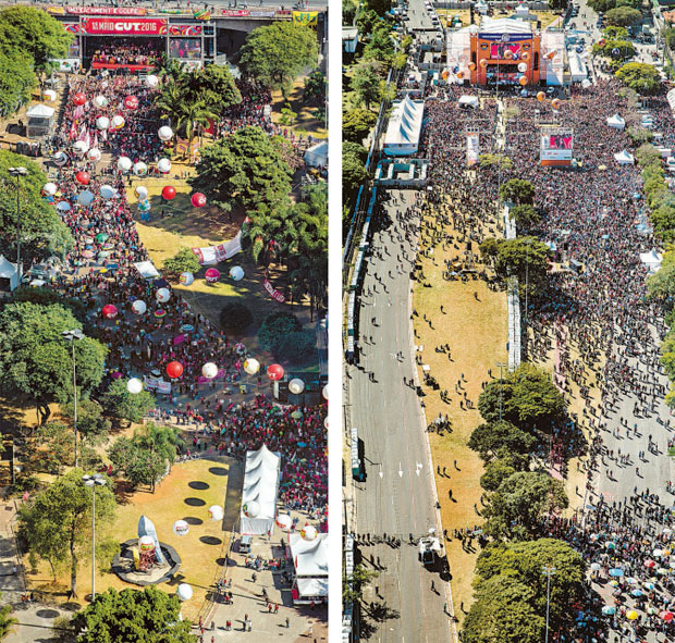 Vistas aéreas dos da CUT, pró-governo Dilma, e da Força Sindical, contrário à presidente