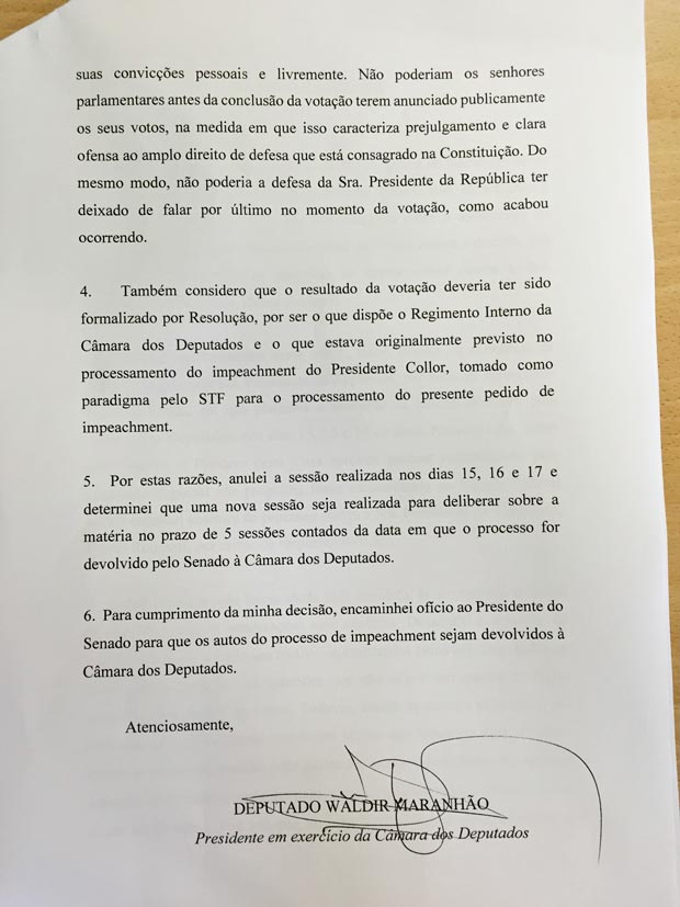 Nota de Waldir Maranhão sobre decisão de anular tramitação do impeachment