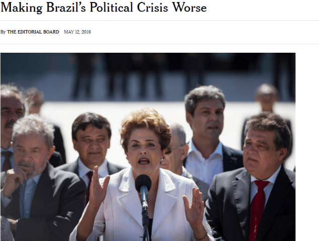 O jornal The New York Times fez um editorial nesta quinta (12) sobre o afastamento de Dilma Rousseff da presidência