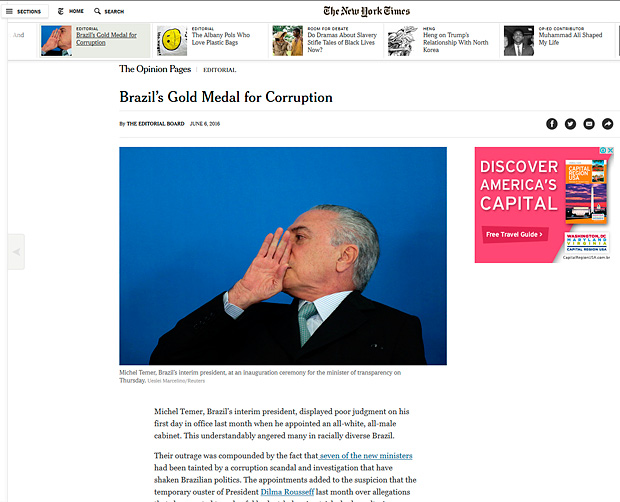 Jornal 'The New York Times' trata de corrupo e do governo do presidente interino, Michel Temer