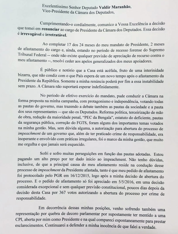 Carta de renúncia do Eduardo Cunha