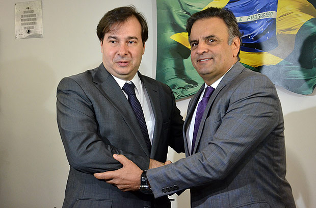 O presidente da Cmara, Rodrigo Maia,  recebido por Acio Neves aps ser eleito para o cargo