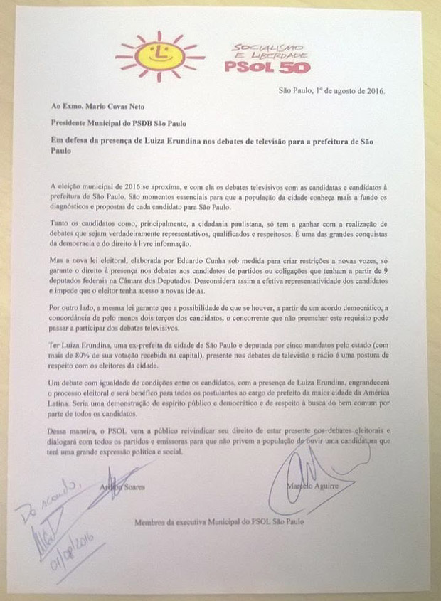Documento de apoio  presena de Luiza Erundina em debates assinado pelo presidente do PSDB, Mario Covas Neto
