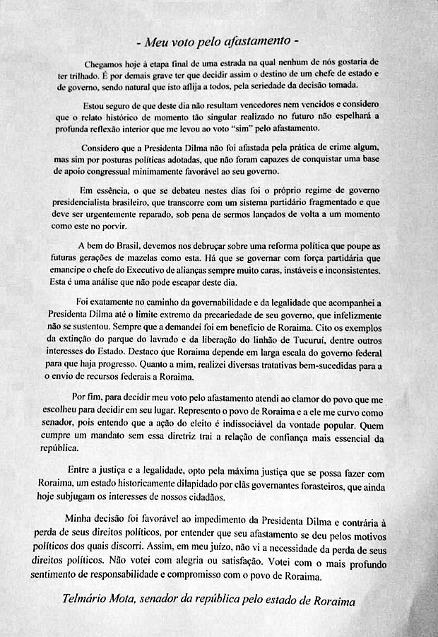 Nota do senador Telmrio Mota (PDT-RR), que votou a favor do impeachment 