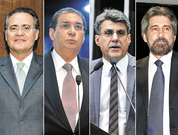 Os senadores peemedebistas Renan Calheiros (AL), Jader Barbalho (PA), Romero Jucá (RR) e Valdir Raupp (RO)