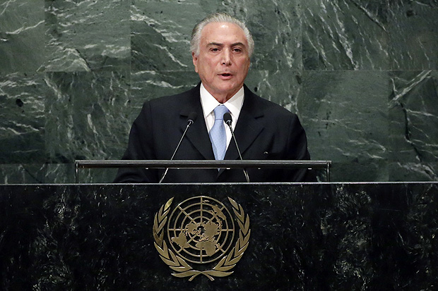 Brazil's President Michel Temer addresses the 71st session of the United Nations General Assembly, at U.N. headquarters, Tuesday, Sept. 20, 2016. (AP Photo/Richard Drew) ORG XMIT: UNRD109